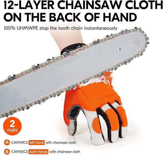 Vgo... 2 Pairs Chainsaw Gloves,Saw Protection on Both Hands Cow Leather Gloves (XL, Orange, CA9760)