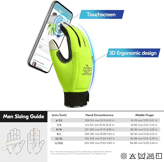 Vgo... 1Pair Chainsaw Winter Gloves,12-Layer Chainsaw Protection on Both Hands Back,Safety Cow Leather Work Gloves,Mechanic Gloves(Size M,Hi-Viz Green,CA9760FLWP)