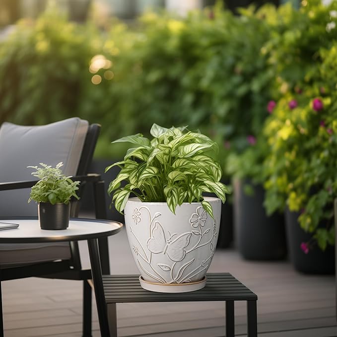 8 Inch Ceramic Pots for Plants Large Planter Pot with Drainage Hole and Saucer Round Flower Pot for Indoor Outdoor Decor, White