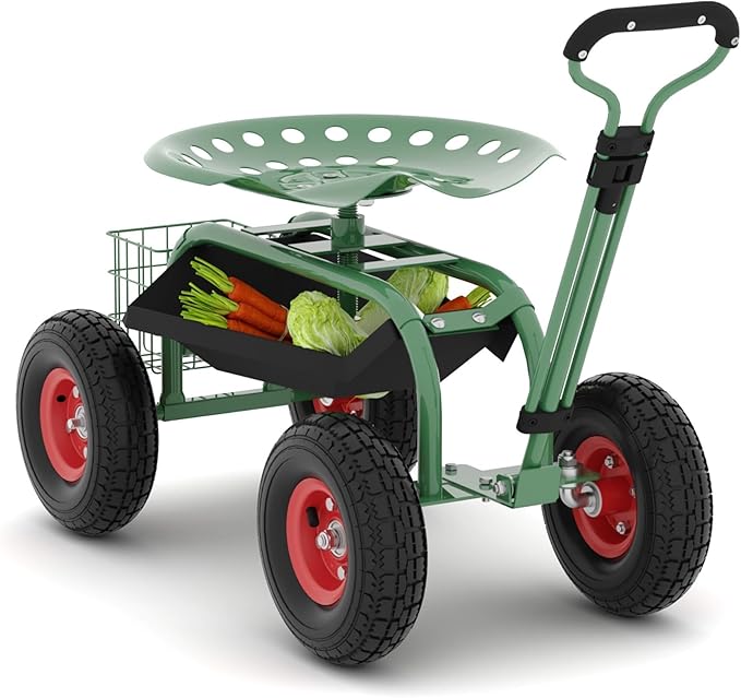 Garden Rolling Stool with Wheels – Outdoor Garden Chair for Patio and Lawn - 360° Swivel Seat Gardening Cart with Tool Tray & Steering Handle for Easy Planting and Yard Work