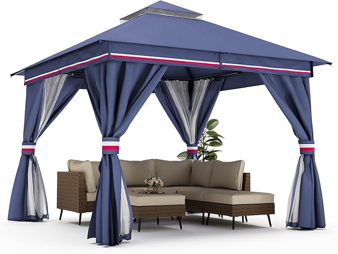 LAUSAINT HOME Outdoor Patio Gazebo 10'x10' with Expansion Bolts, Heavy Duty Gazebos Shelter Party Tent with Double Roofs, Mosquito Nettings and Privacy Screens for Backyard, Garden, Lawn, Elegant Blue