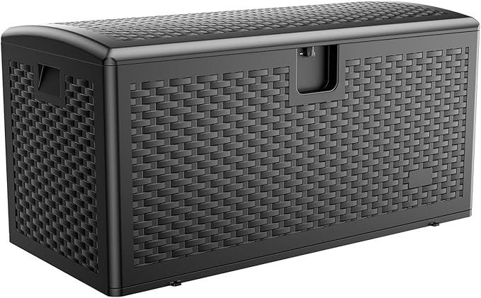JEKO&JEKO 75 Gallon Outdoor Storage Box – Large Plastic Deck Box with Lockable Lid for Patio Furniture, Garden Supplies, and Shoes, Black