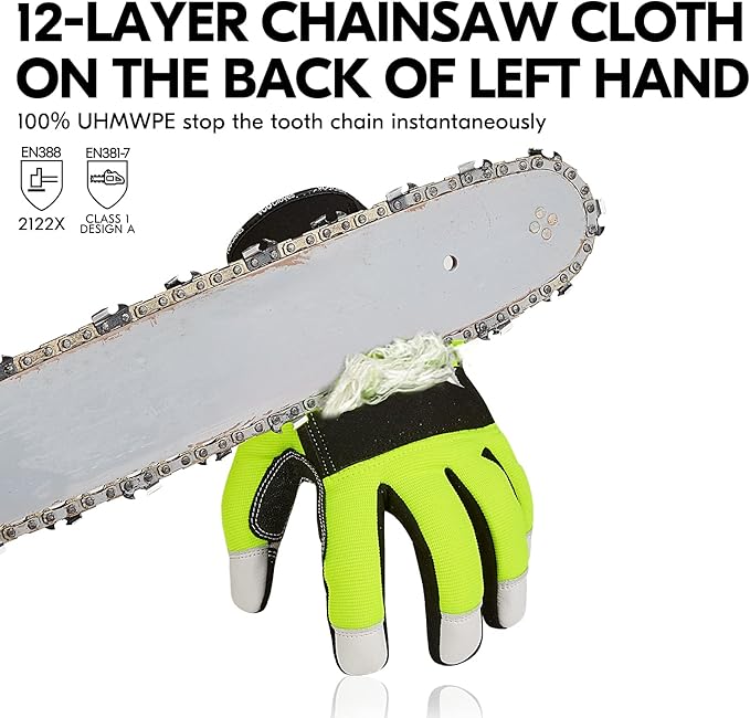 Vgo... 1Pair Chainsaw Winter Gloves,12-Layer Chainsaw Protection on Left Hands Back,Goat leather(M,Hi-Viz Green,GA8912FWCS)