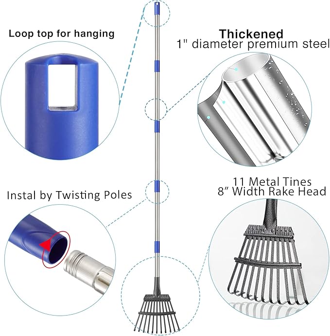 Small Graden Rake - 8 inch Width Metal Leaf Rake for Gardening, Yard, Flower Beds, Mulch, Shrub Long Handle, 6ft