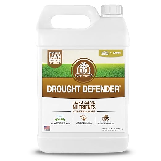 Turf Titan Drought Defender - Liquid Lawn Fertilizer Concentrate - Kelp Fertilizer for All Grass Types and Vegetables - Liquid Fertilizer for Lawns During Summer - 2.5 Gallon
