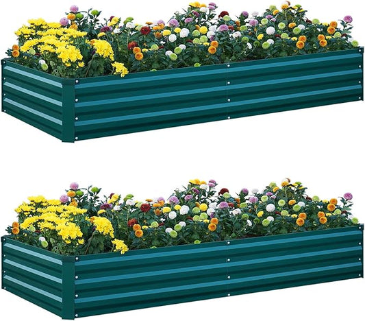 2Pcs Raised Garden Bed - 2 Pack Large Metal Planter Boxes for Vegetables, Flowers, and Herbs - Includes 2 3ft x 30ft Weed Barrier Fabric and 1 Pair of Gloves - Green (8x4x1ft, 2pcs)