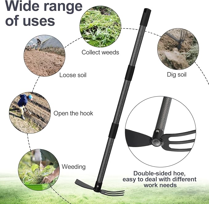 Cultivator Hoe Garden Tool, 30.7 inch Stainless Steel Long Handle Heavy Duty Gardening Tools,Extended Reach Double Hoes Suitable for Digging Loosening