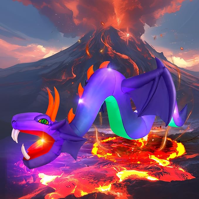 12ft Halloween Inflatable Dragon Decorations,Open Mouth and Sharp Teeth Outdoor Giant Purple Decorations,Built-in 7 LEDs Blow Up Dragon Inflatables for Yard, Lawn & Garden Internal Lights