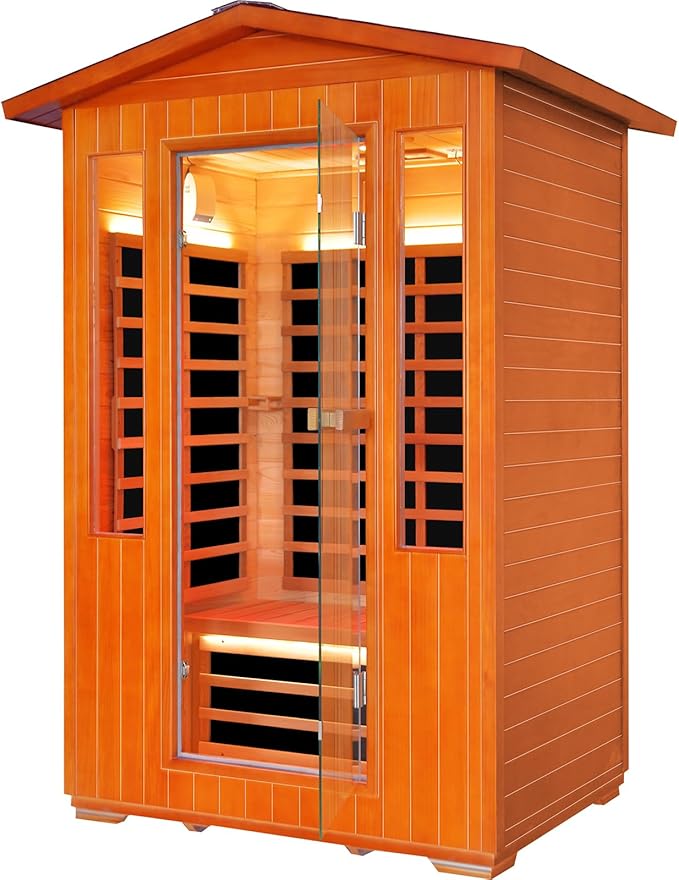 Outdoor Sauna 2 Person Sauna Infrared Saunas Dry Sauna Room 2080W/110V Low EMF Outer Board Red Cedar/Inner Board Fir Wood, Oxygen Bar, Speaker, LCD Control Screen, LED Lights - 48.8*38.2*81.9 in