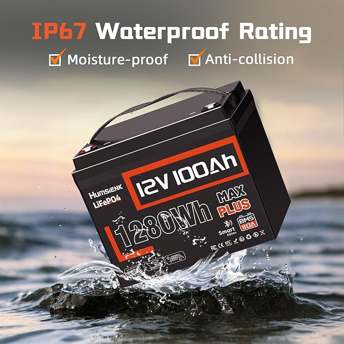 12V 100Ah LiFePO4 Lithium Battery MAX with Bluetooth 5.0, 15000+ Deep Cycles, 1280Wh Lithium Iron Phosphate Battery, Built-in 110A BMS with Low-Temp Protection for RV, Marine, Trolling Motors