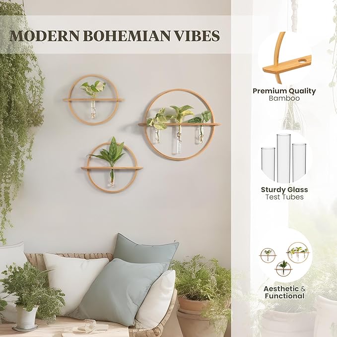 Propagation Stations - Set of 3 Bamboo Wall Planters for Indoor Plants | Propagation Wall Hanging with 5 Glass Plant Propagation Tubes | Plant Propagation Station Wall Vase