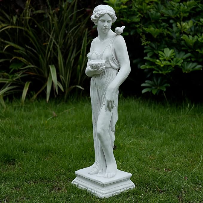 Outdoor Statue with Birdbath Bird Bath Bowl, Nymph Sculpture Goddess of Greek Mythology Roman Style for Patio Yard Lawn Porch Decor, Grey (Nymph)