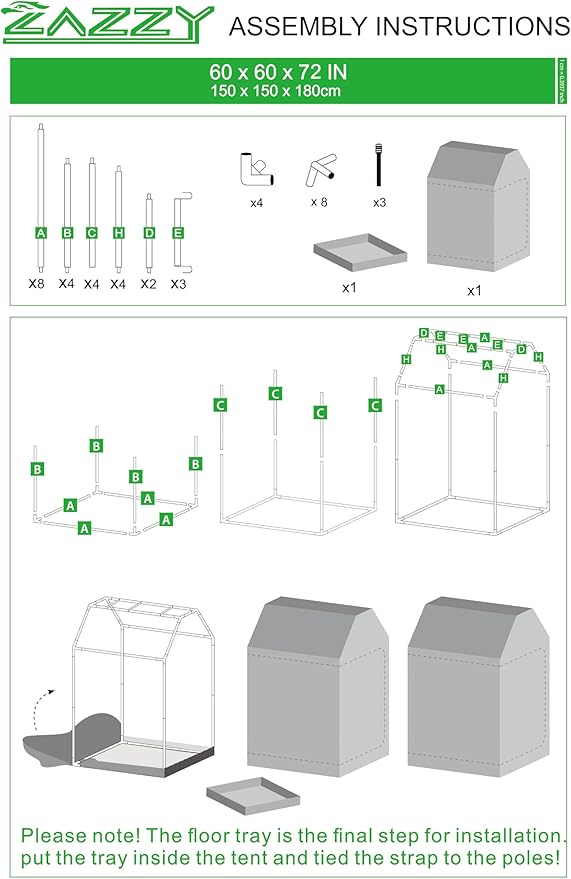 zazzy Grow Tent 60"x60"x72" Roof Cube Plant Grow Tents with Observation Window and Removable Floor Tray for Indoor Plant Growing Seedling 5x5