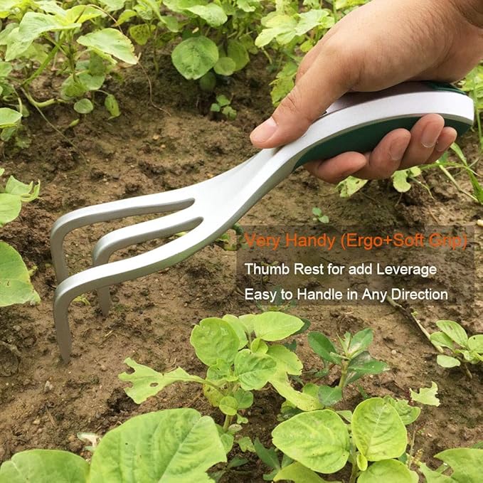 Garden Hand Cultivator with Broad Claw, Hand Rake for Weeding and Turning Soil, Scratch Tool Loosens Soil and Rips Out Weeds, Ergonomic Grip with Bend Proof Aluminum Design