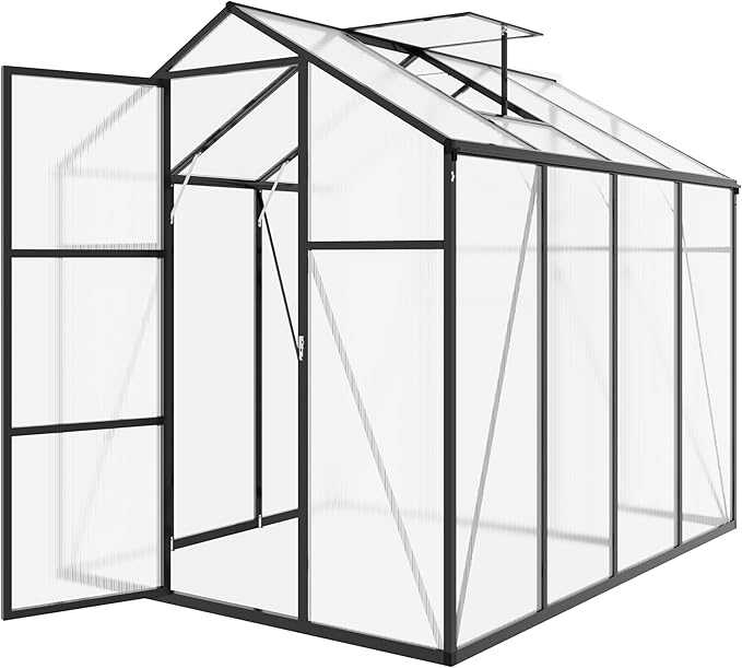 6x8 FT All Weather Greenhouses for Outdoor,Heavy Duty Polycarbonate Greenhouse, Walk-in Garden Green House with Raised Base and Ventilation Window for Outside, Backyard,Black