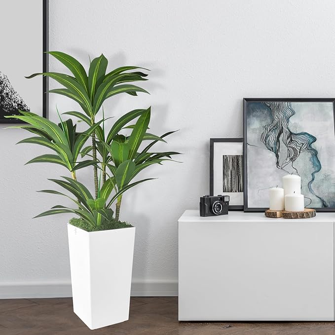 Artificial Dracaena Tree 5FT with White Tall Planter,Fake Green Plant with Natural Wood Trunk & Lifelike Leaves, Aritificial Yucca Plant for Home Office Decor,Housewarming