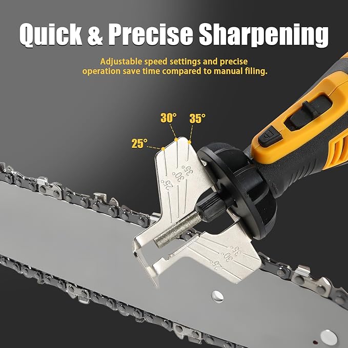 Cordless Chainsaw Sharpener Kit - Portable 8V Chain Saw Sharpener Tool with 4 Diamond Wheels & Angle Attachment, Variable Speeds, Safety Lock, Hang Ring - Ideal for All Chainsaw Chains