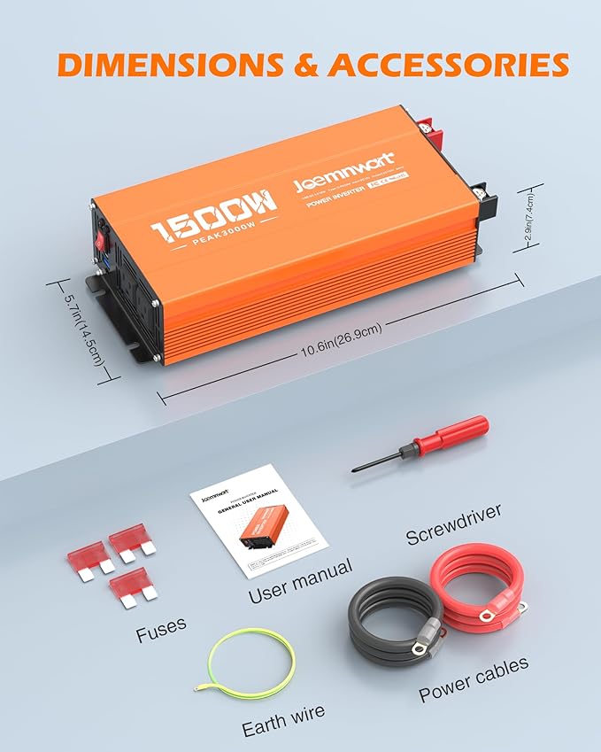 1500W Inverter 12V DC to 120V AC Converter with 2 AC Outlets, QC3.0/PD30W Fast Charging USB Ports, Car Power Inverter Adapter for Vehicles