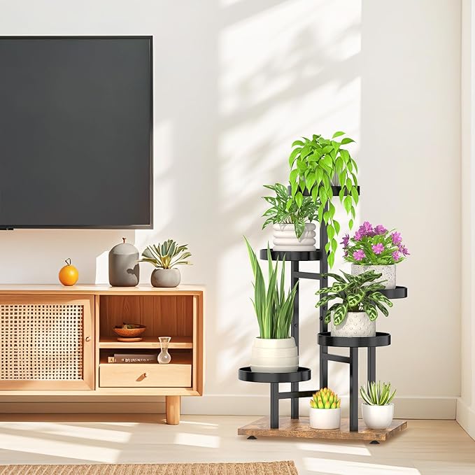 LASZOLA 6 Tier Black Plant Stand Indoor for Large Tall Heavy Duty Planter, Modern Mid Century Metal and Wooden Rack for Narrow House Bathroom Corner Floor, Vertical Spiral Orchid Organizer, Cat Proof