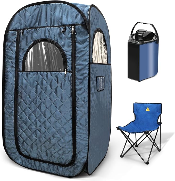 Portable Steam Sauna, Steam Saunas for Home, Personal Sauna for Home, Pop up Sauna Box Tent with 3 L Steamer, 9 Levels, UV Atomization,90 MinTimer, Remote Control, Folding Chair-Blue