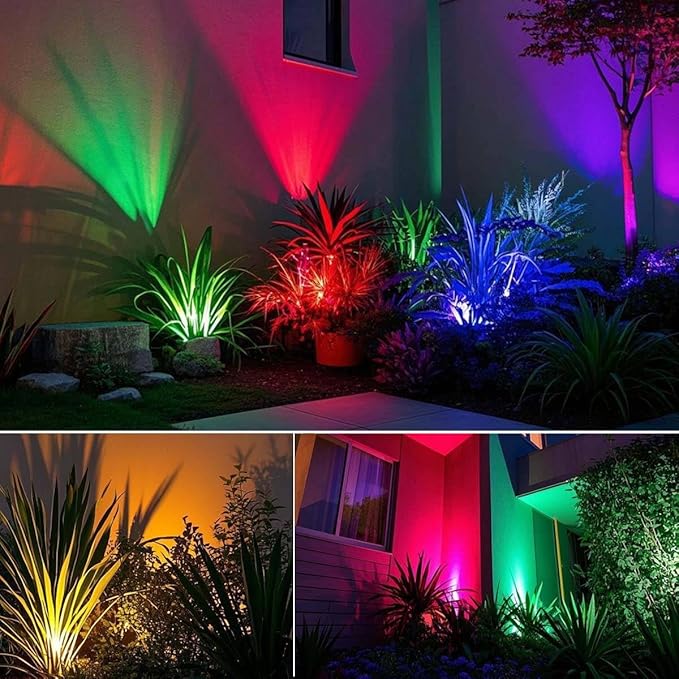 SHOYO Outdoor Spotlights with Timer, Yard Spot Lights 5W 120V Colored RGB LED Landscape Uplights Memory Dimmable with Spiked Stand for Flags Lawn Porch Halloween, 4 Lights
