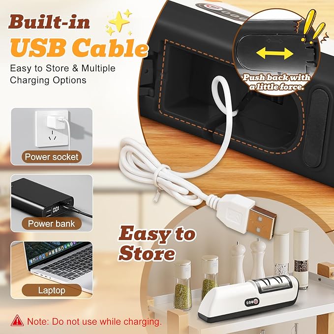 Rechargeable Electric Knife Sharpener, Compact Cordless Knife Sharpener with Diamonds for Steel Knives and Fruit Knife, 2 Stage Automatic Knife Sharpening Helps Restore & Polish Blades Quickly