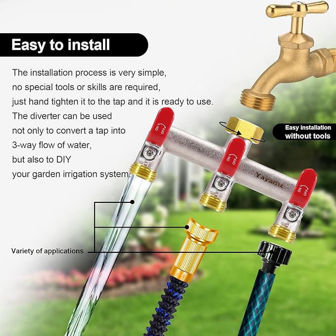 3 Way Garden Hose Splitter, Heavy Duty Brass Nickel Plated Rust Resistant Faucet Manifold, 3/4" Frost Resistant Outdoor Hose Adapter Connector,Hose Spigot Adapter with 3 large red handles