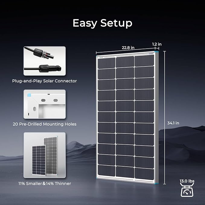 Renogy N-Type 100 Watt Solar Panel with Mounting Z Brackets, 16BB 100W Solar Panel 12V, 25% High Efficiency PV Module Power Charger for RV Camper Marine Home Rooftop Off-Grid