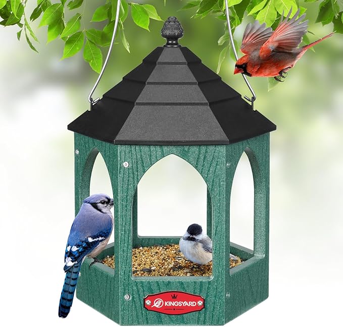 Kingsyard Platform Bird Feeder for Outdoor Hanging - Gazebo Style Recycled Plastic Wild Bird Feeding Station with Rain-Proof Roof & Metal Mesh Tray. Green