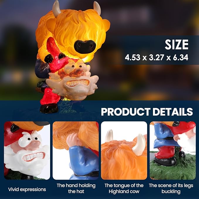 Garden Statue–Grome&Highland Cow Outdoor Decor Solar Light for Yard, Patio or Balcony–Eco-Friendly Resin Figurine Gift for Parents, Friends, Coworkers–Christmas, White Elephant, Thanksgiving, Birthday