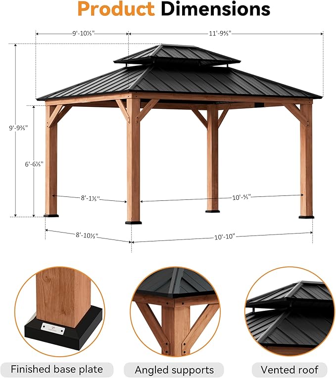 Modern Shade Rosewood Wood Gazebo 10' x 12', Cedar Framed Grill Gazebo with Double Galvanized Steel Roof, Permanent Hardtop Pavilion with Sturdy Hooks for Garden, Backyard, Patio, and Deck