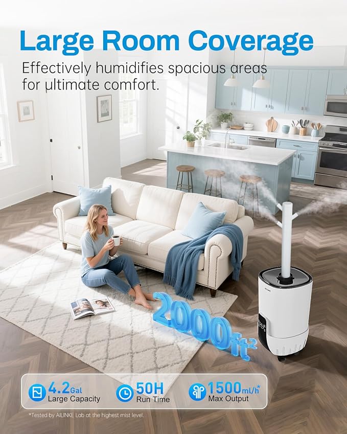 Humidifiers for Bedroom Large Room, 4.2Gal/16L Cool Mist Humidifier Large Room 2000 sq.ft,Top Fill, 3 Stainless Steel Atomizers,360°Nozzle Extension Tube, Commercial/Office/Plants/House, White