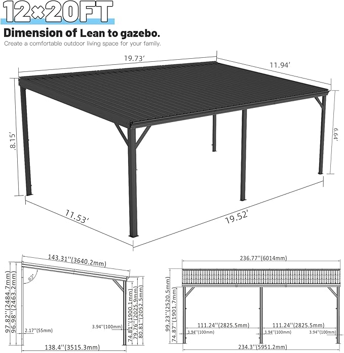 Domi 12’x20’ Lean-to Gazebo, Hardtop Wall-Mounted Gazebo Pergola with Sloping Galvanized Steel Roof and Upgraded Drainage System, Outdoor Permanent Metal Shelters for Patio Backyard Deck, Grey