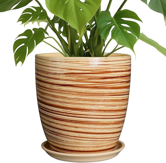 10 Inch Plant Pot Ceramic Pots for Plants with Drainage Hole and Saucer Round Flower Pot for Home Patio Garden Office Yellow