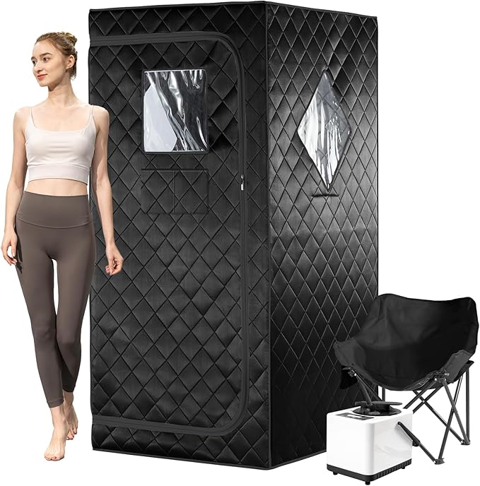 Portable Infrared Sauna for Home, One Person Steam Sauna, Full Body Sauna Tent for Relaxation,1 Person Steam Sauna Box with 660nm Red Light Therapy, 3L&1100W Sauna Steamer, Folding Chair