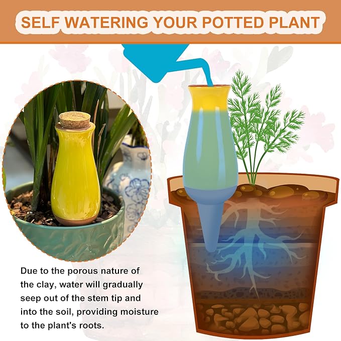 4 Packs Plant Watering Globes, Self Watering Planter Insert, Clay Plant Watering Devices, Self Watering Pots for Indoor Plants, Automatic Watering Bulbs Drip Irrigation Stake for 1 Week Easy to Refill