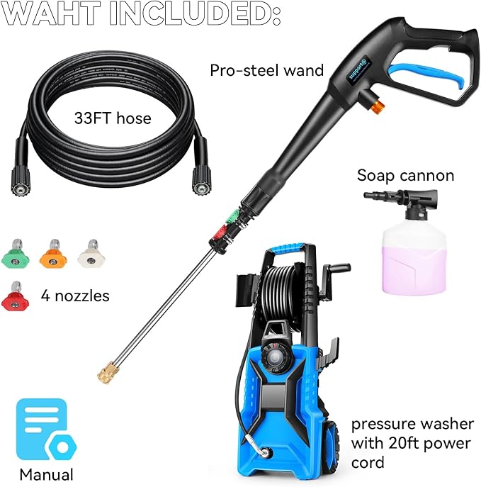 5000 PSI Adjustable Pressure Cleaner, 2025 New Power Cleaner Pressure Adjustable (2500PSI-5000PSI) with 33ft Pressure Hose, 4 Nozzle and Detergent Tank for Cars, Upgraded Blue