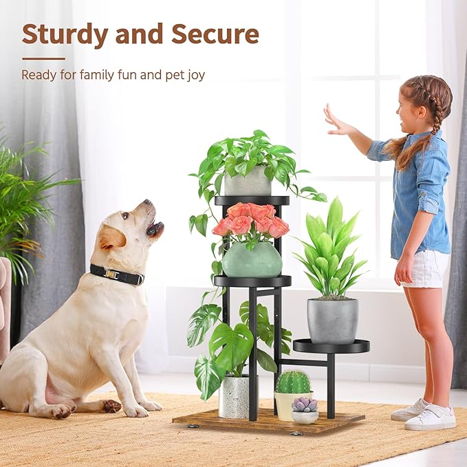 LASZOLA Black 3 Tier Plant Stand Indoor Heavy Duty Rack for Modern House Planter, Metal and Wooden Vertical Organizer Decor Narrow Bathroom Floor, Sturdy Multi Level Flower Holder Raised, Cat Proof