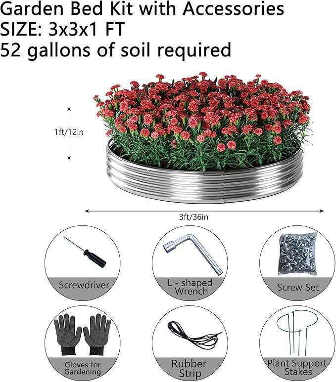 Galvanized Metal Planter Raised Garden Bed Kit for Gardening Outdoor,Height 12 Inch, 3x3x1ft Round Galvanized Steel Fire Pit,Steel Fire Pit Silver for Backyard, Camping, Bonfire