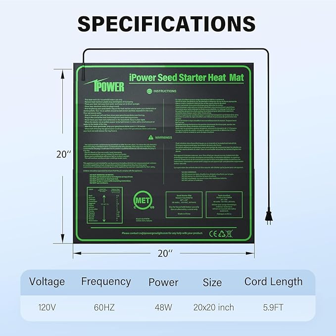 iPower 20" x 20" Durable Waterproof Seeding Heat Mat with Digital Thermometer for Providing Reliable Warmth for Indoor hydroponic Plant Germination