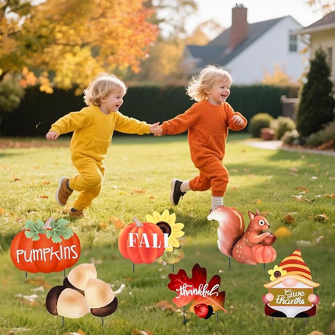 WONDER GARDEN Fall Yard Stakes Yard Signs, 6 PCS Metal Thanksgiving Garden Stakes with Pumpkin, Gnome, Maple Leaf, Chestnut and Squirrel for Harvest,Outdoor, Lawn,Farmhouse Decorations