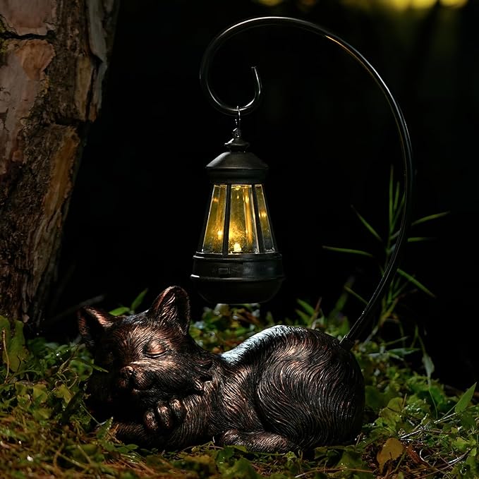 Outdoor Cat Figurine Garden Statue with Solar-Powered LED Light 13.77 Inches Tall, Gift Garden Statue Decor for Cat Lovers