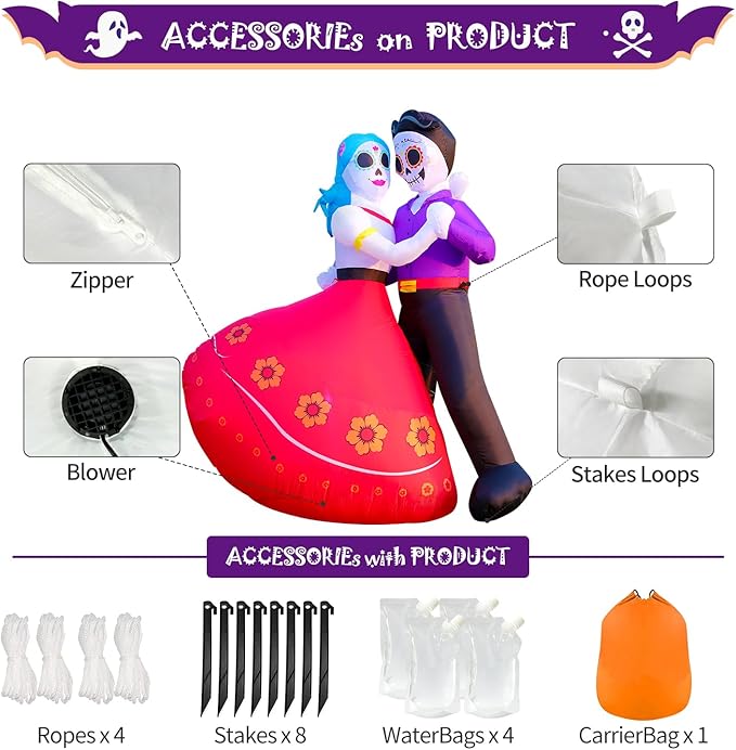 DomKom Halloween Inflatable Blow Up Decorations, Dia de Los Muertos 6FT Day of Dead Catrina Sugar Skull Couple Dancing, Built-in LEDs for Holiday Party, Garden, Lawn, Yard, Patio Décor