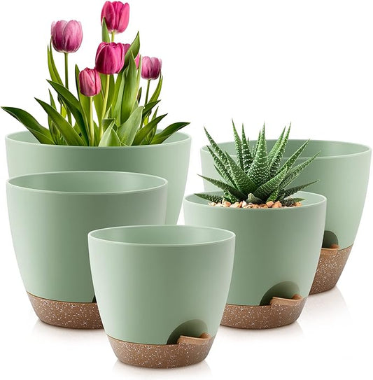 Plant Pots 10/9/8/7.5/7 Inch Self Watering Pots, Set of 5 Plastic Planters with Drainage Holes and Saucers,Plastic Flower Pots,Nursery Planting Pot for Indoor Out Door Plants(Green)