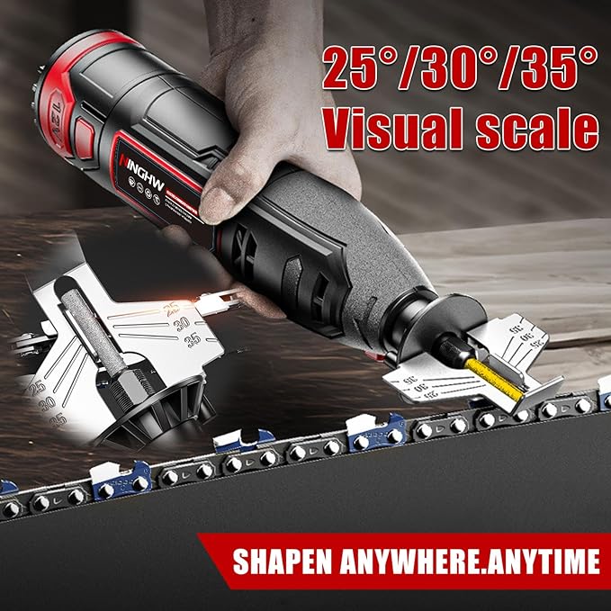 Electric Cordless Chainsaw Sharpener Kit, Chain Saw Sharpener Tool 12V Battery powered with 9 Titanium Plated Diamond Bits(3 types) & brush head & Angle Attachment, Easy to Use for All Chainsaw Chains
