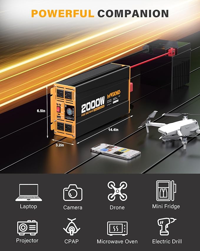 2000W Pure Sine Wave Inverter 12V DC to 110V 120V AC Car Converter for RV Truck Off-Grid Solar Power Inverter with 4 AC Outlets, USB/Type-C Fast Charging Ports, LCD Display, Remote Control