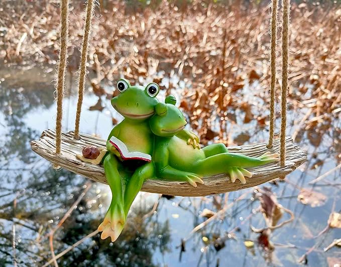 Artisan Flair Hanging Swing Frog Statues - Frog Statues for Garden Outdoors, Reading Book Frog Figurine, Resin Couple Decor for Garden, Balcony, Tree Decoration