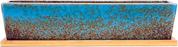 Succulent Pots - 12.1 Inch Large Succulent Planters Pots with Drainage Tray, Long Rectangle Ceramic Pots for Indoor Cactus/Succulent Plants Shallow Bonsai Window Box for Home Garden Decor (Blue)