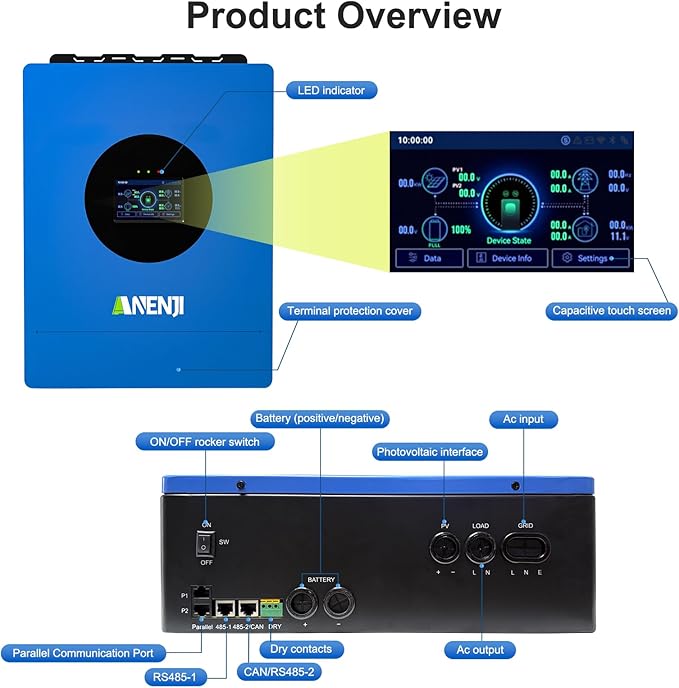 6000W Hybrid Solar Inverter 48V DC to 220V AC, Pure Sine Wave, Built-in 120A MPPT Controller, 99.9% Efficiency, Solar & Generator Input, Dustproof, for Home Backup RV Off-Grid
