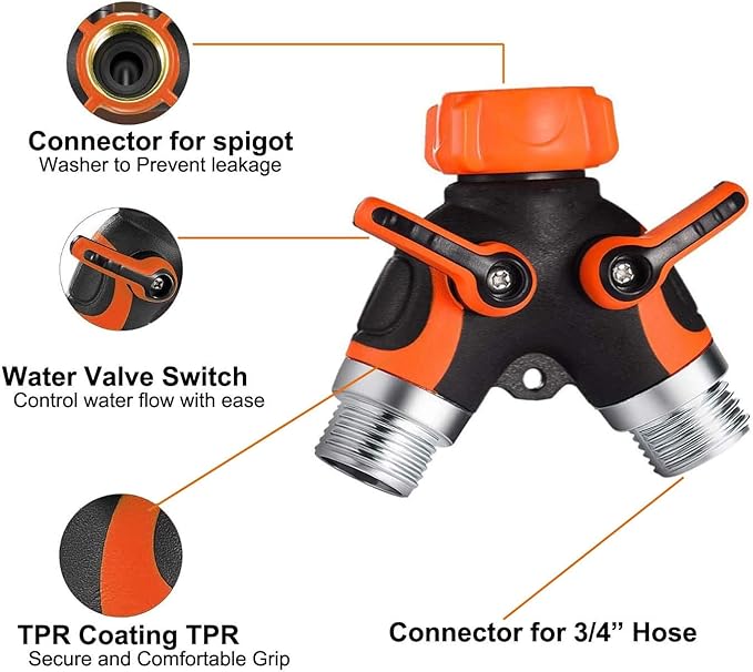 Y Hose Splitter 2 Way, 3/4” Garden Hose Connector with Comfortable Rubberized Grip for Outdoor Faucet, Sprinkler & Drip Irrigation Systems,Orange